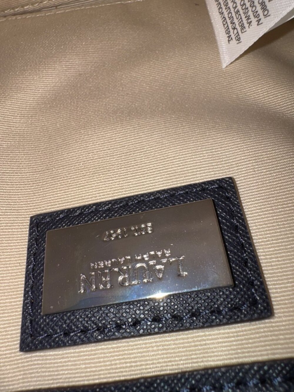 Lauren Ralph Lauren Small 2 Tone Leather Reese Bucket Bag Tan/Navy (no long stra - Picture 9 of 12